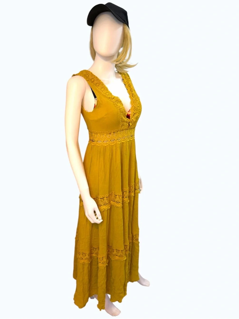 Forever 21 Mustard Yellow Crochet Lace Tiered Boho Midi Dress | Size M